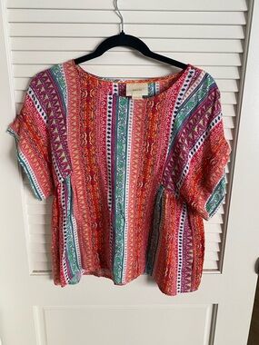 Maeve Colorful Striped Boho Blouse in Pink, Orange & Green